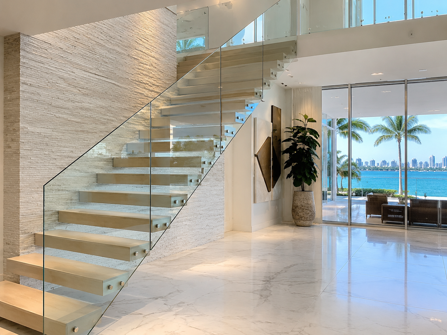 Interior wood staircase with glass and cable railing
