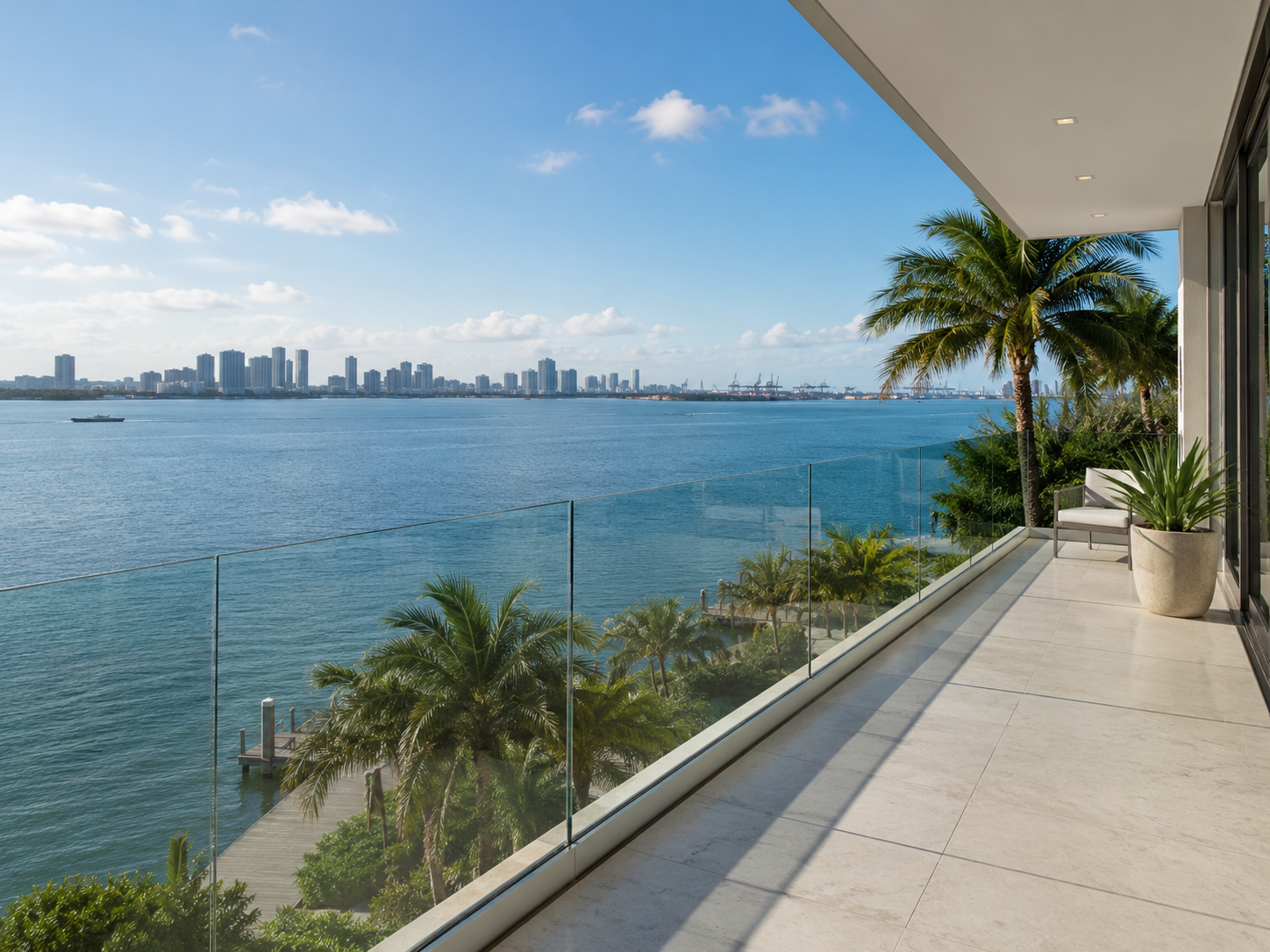 Glass railing along rooftop pool overlooking Miami skyline