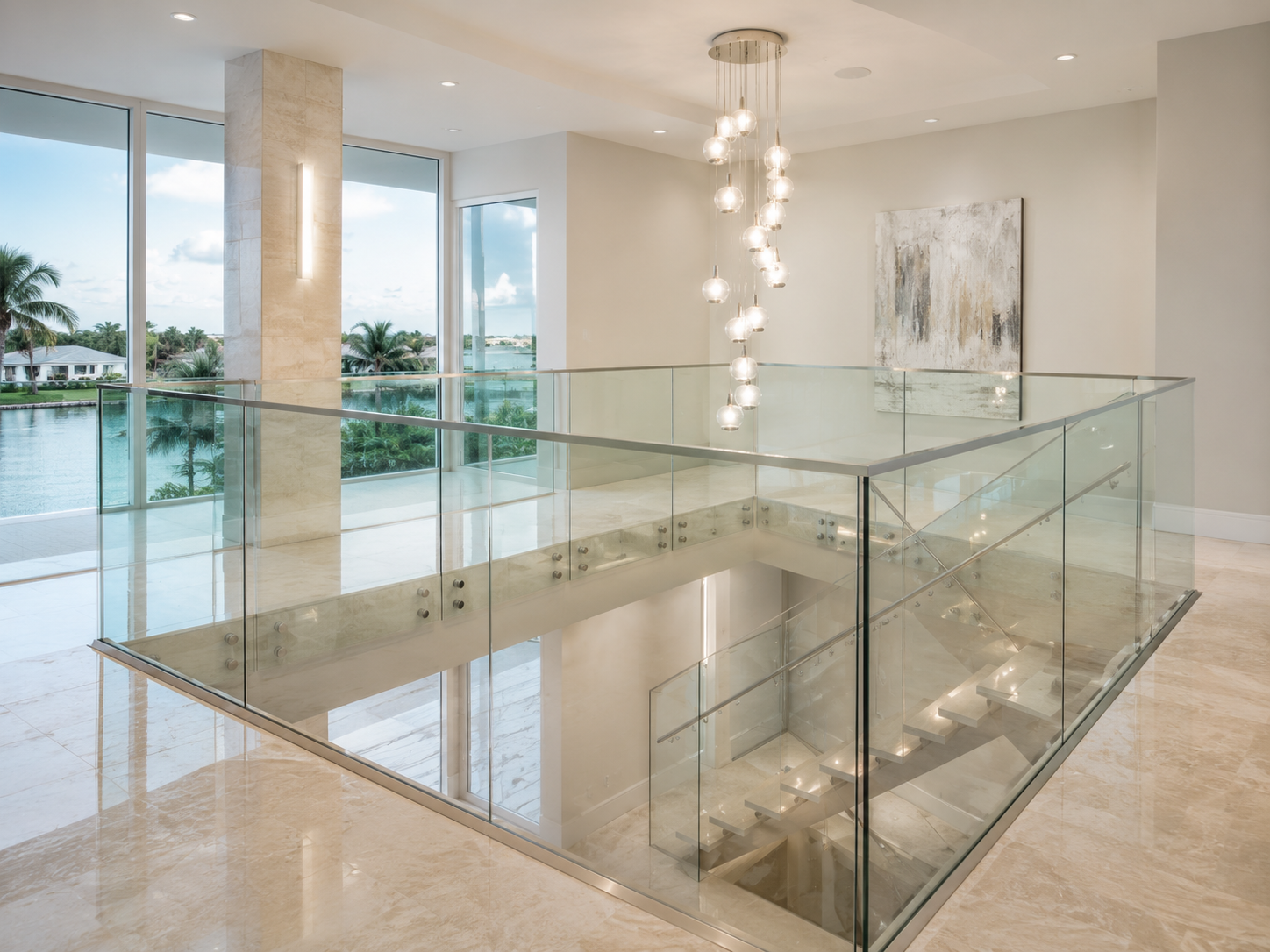 Frameless glass railing on interior loft overlook
