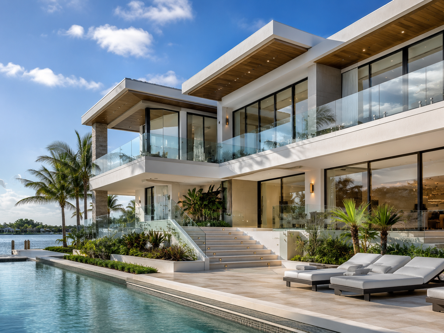 Modern home exterior with glass railing balconies and pool