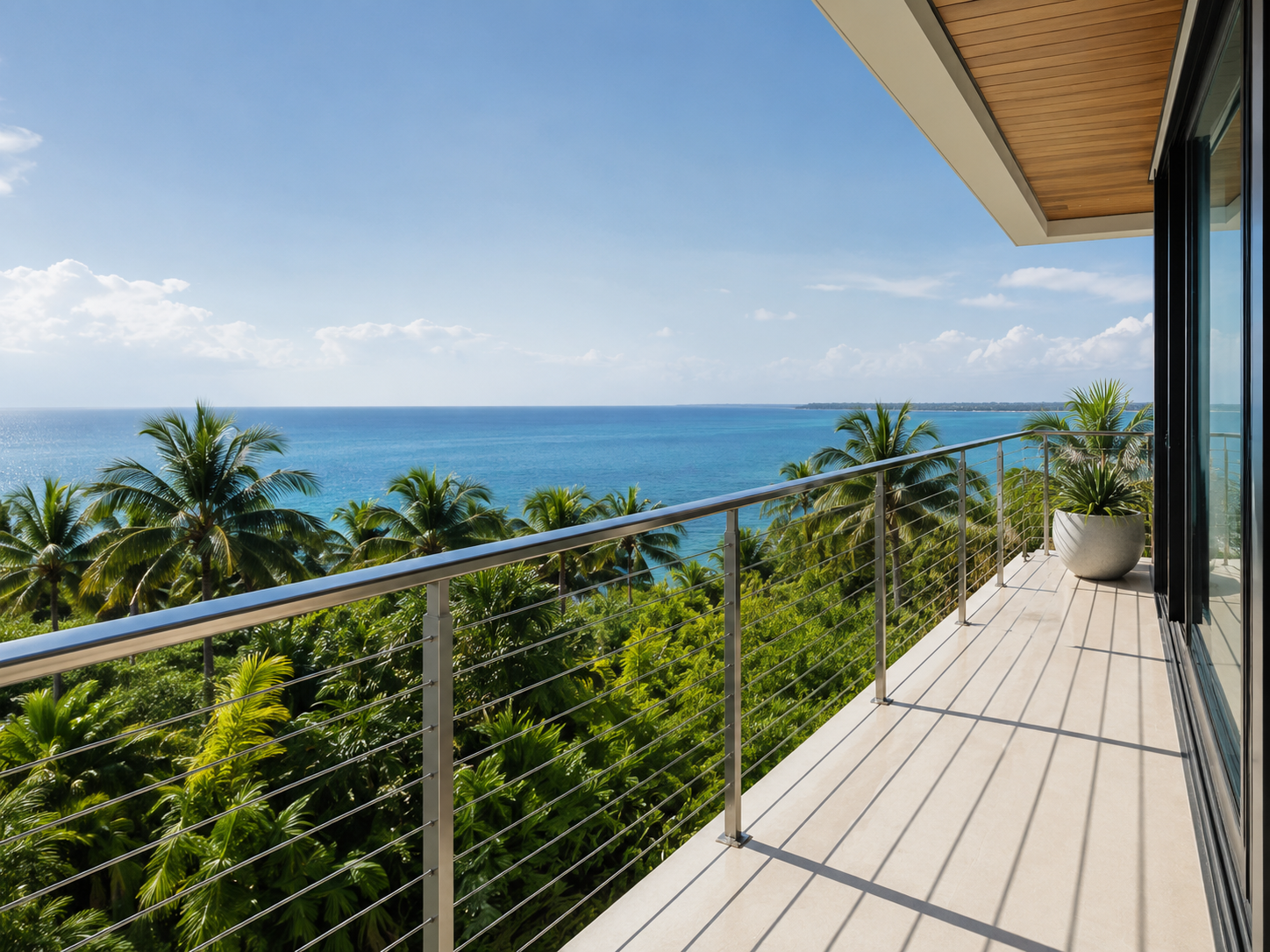 Oceanfront deck with cable railing and palm trees