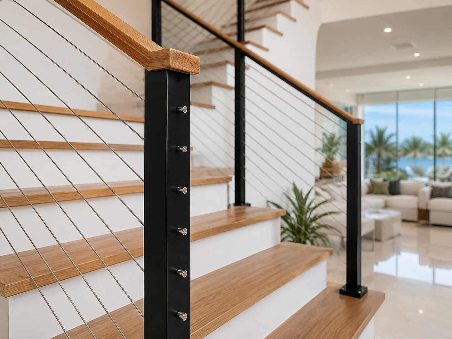 Interior wood stair with cable railing
