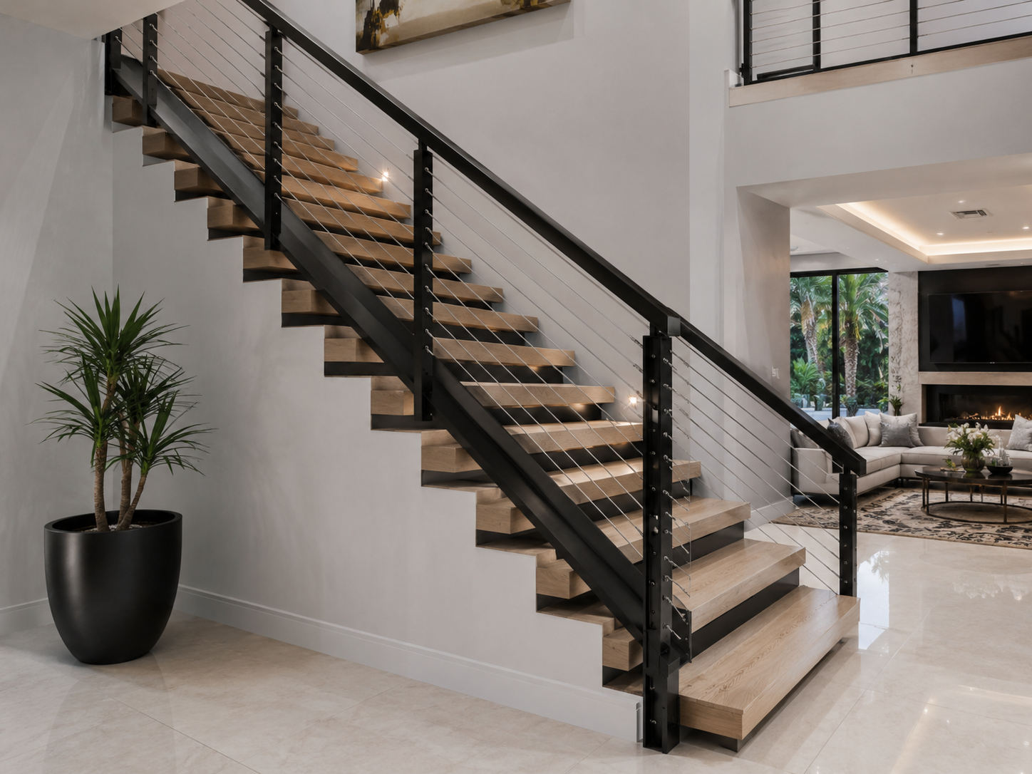 Cable railing staircase close up